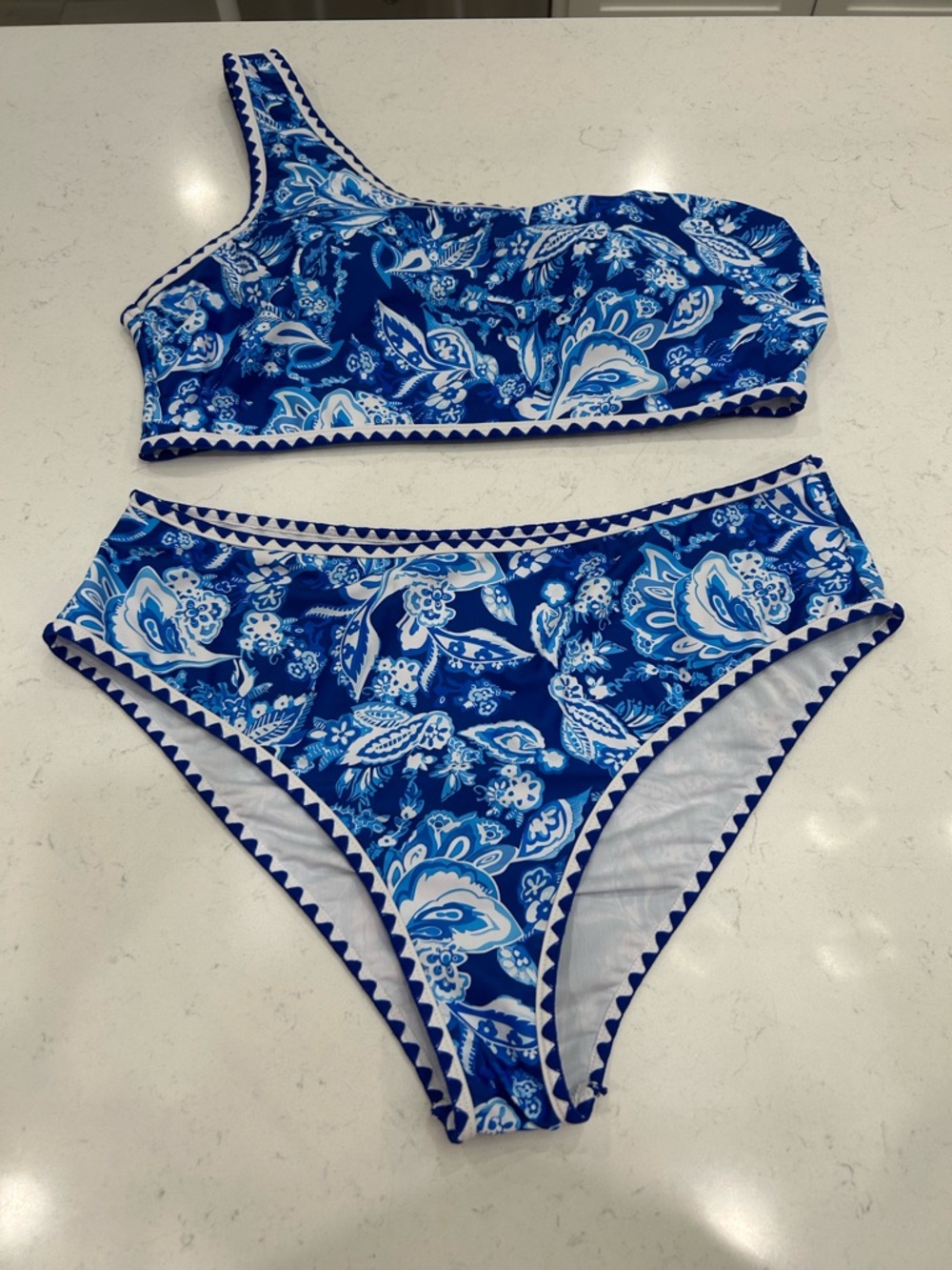 Blue Floral One-Shoulder Bikini Set